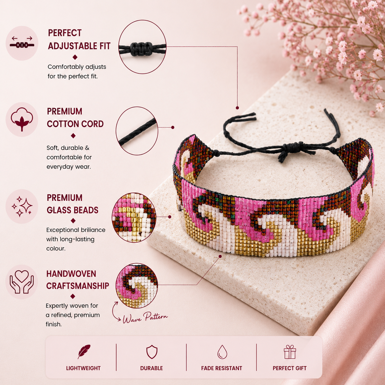 Wave Pattern Adjustable Beaded Bracelet for Women