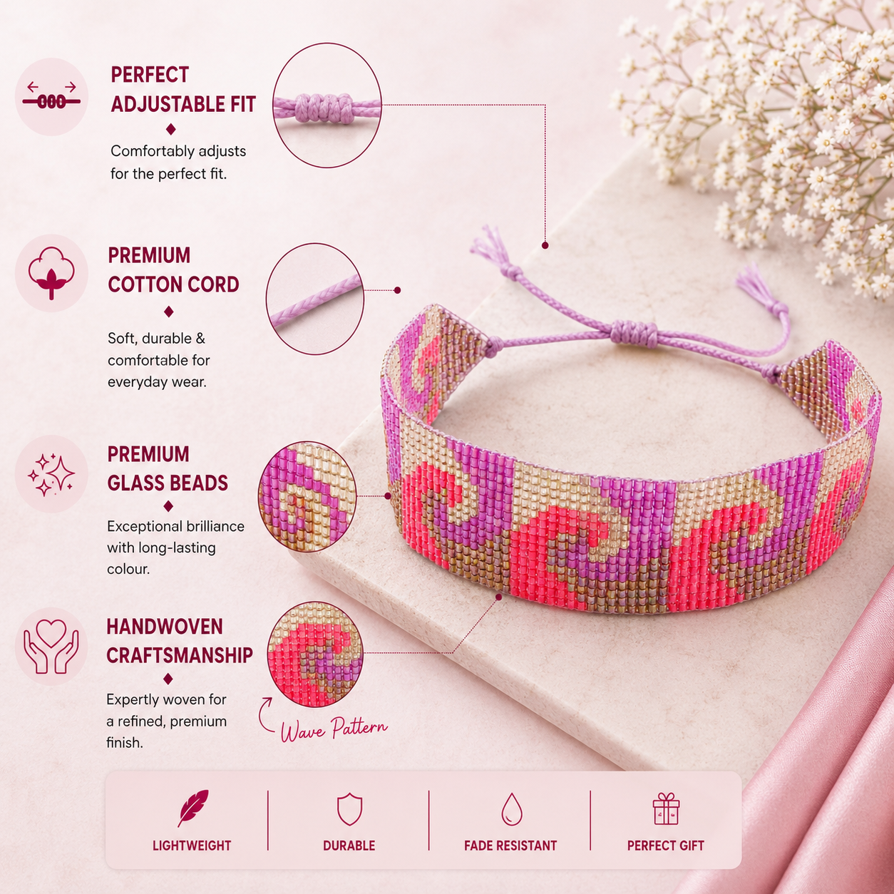 Wave Pattern Adjustable Beaded Bracelet for Women