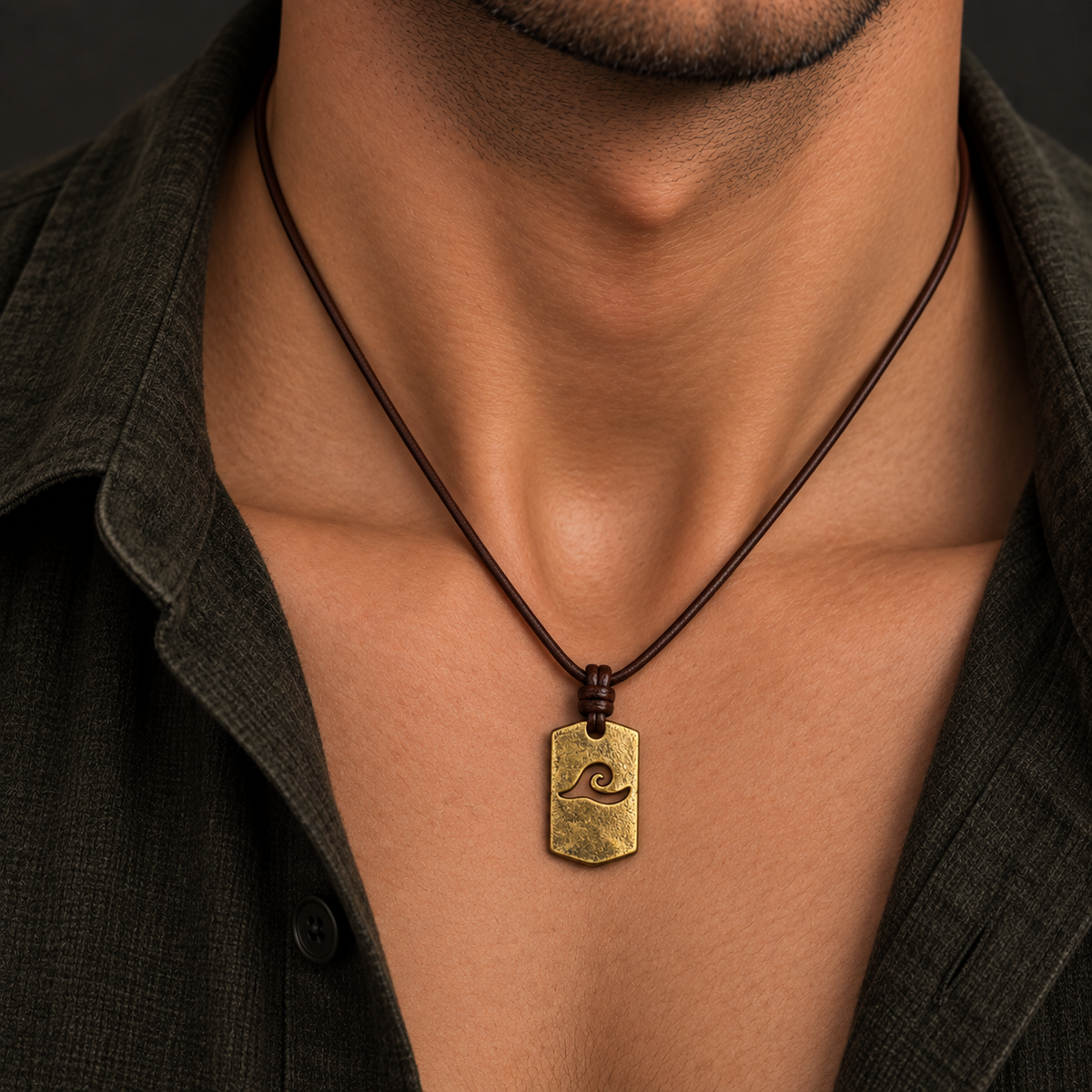 Wave Pendant Leather Necklace for Men