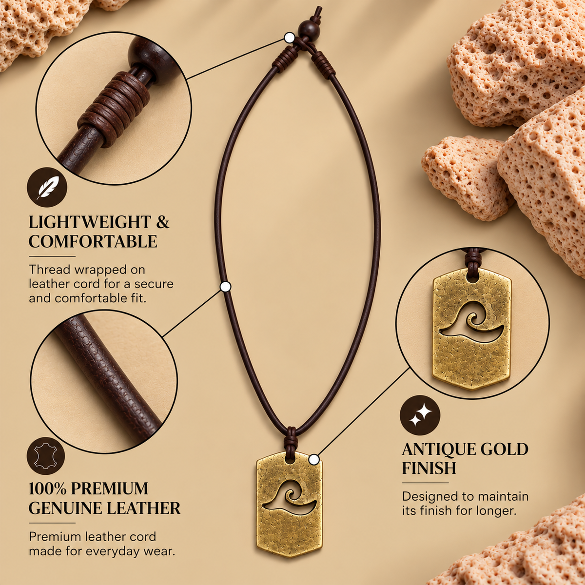 Wave Pendant Leather Necklace for Men