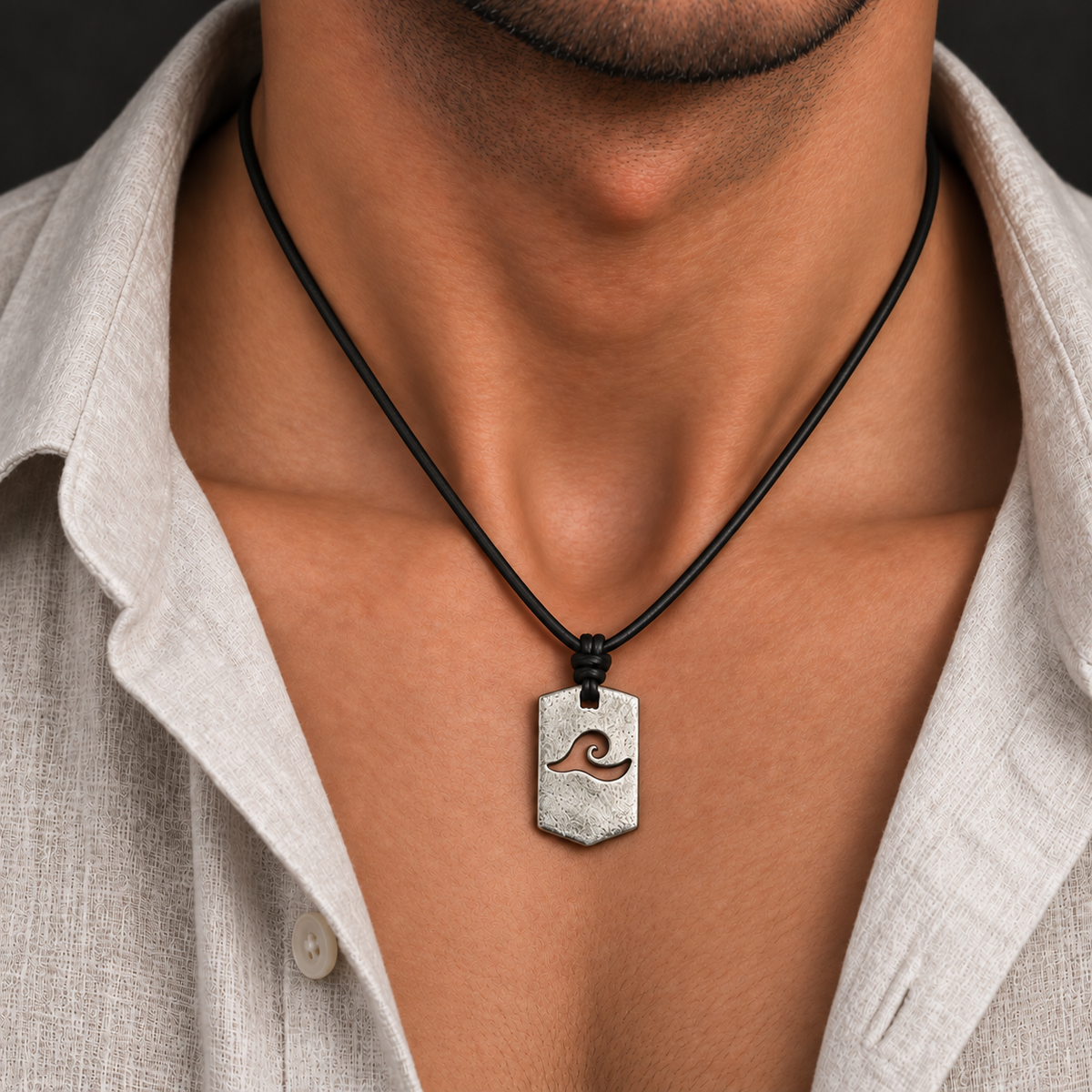 Wave Pendant Leather Necklace for Men