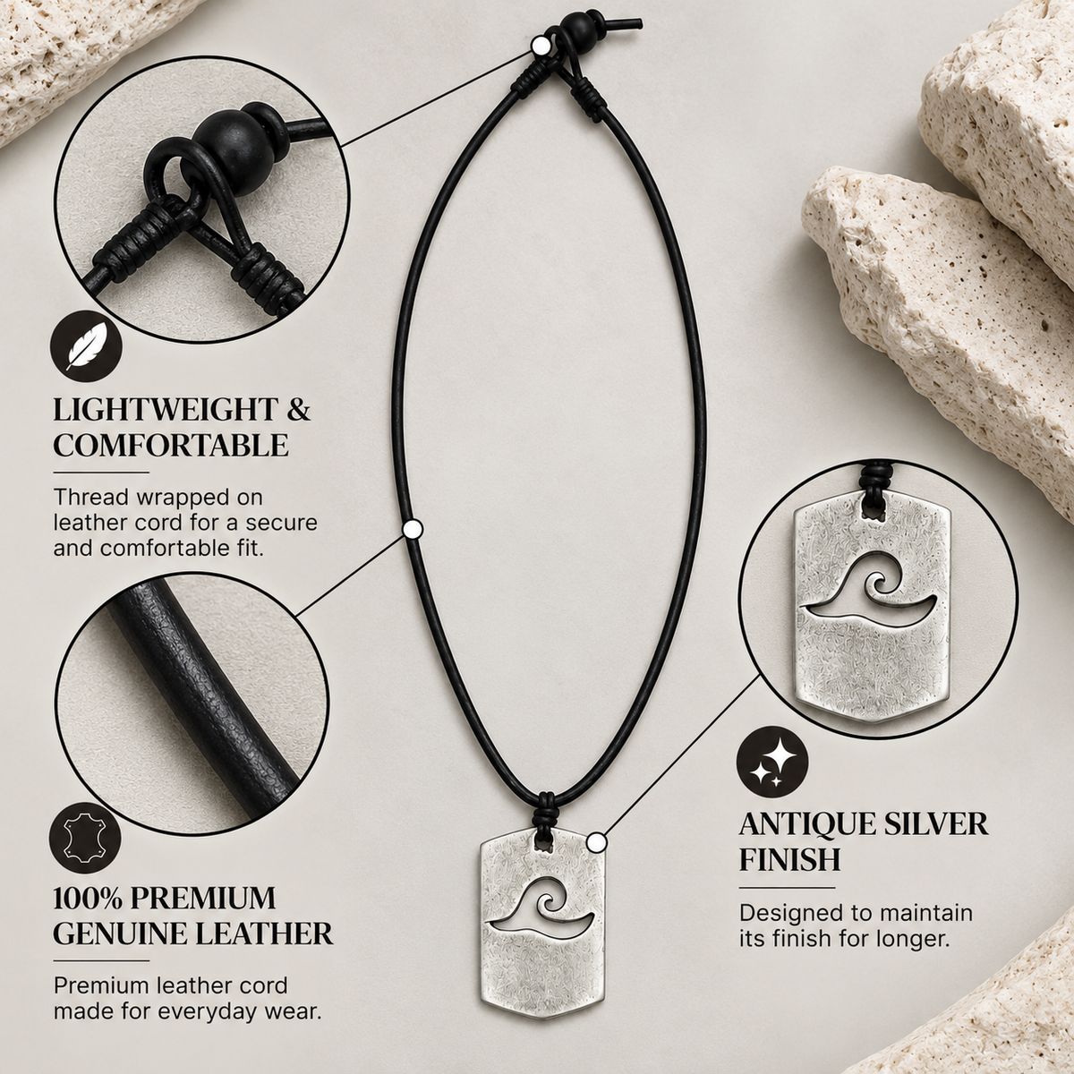 Wave Pendant Leather Necklace for Men
