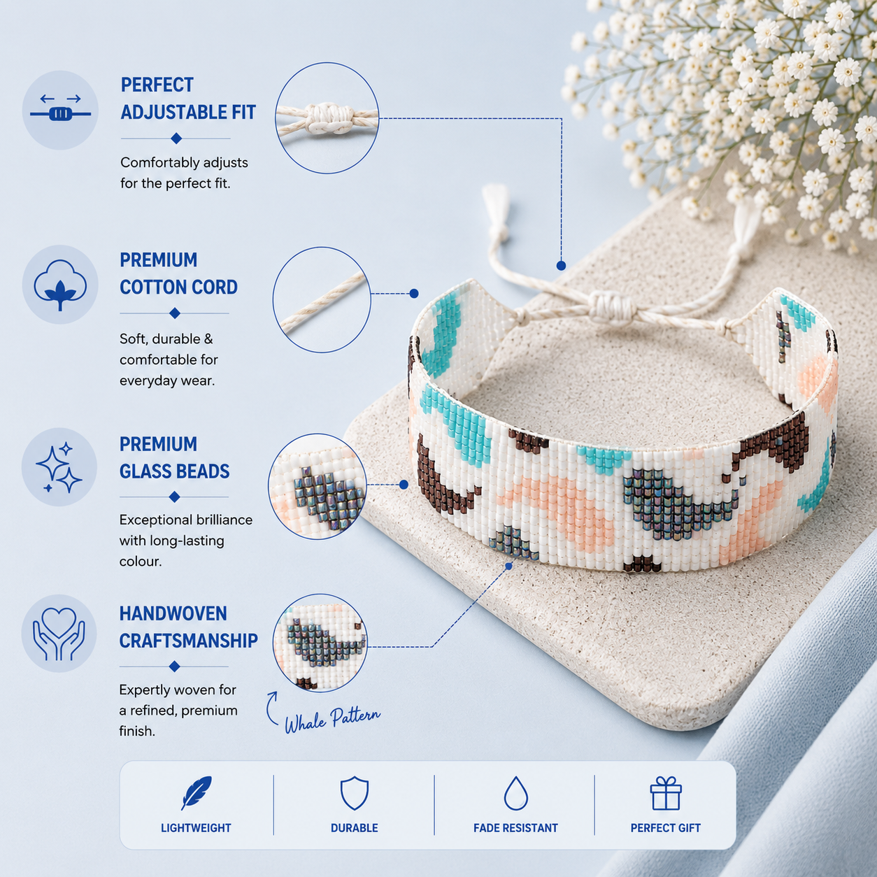 Whale Pattern Adjustable Beaded Bracelet for Women