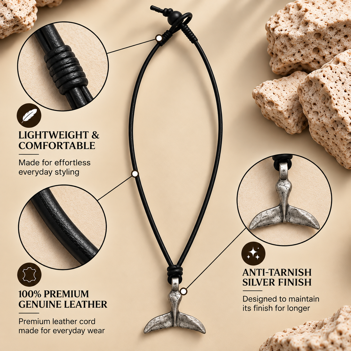 Whale Tail Leather Necklace for Men