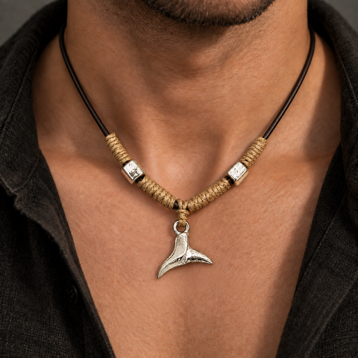 Whale Tail Pendant Leather Necklace for Men
