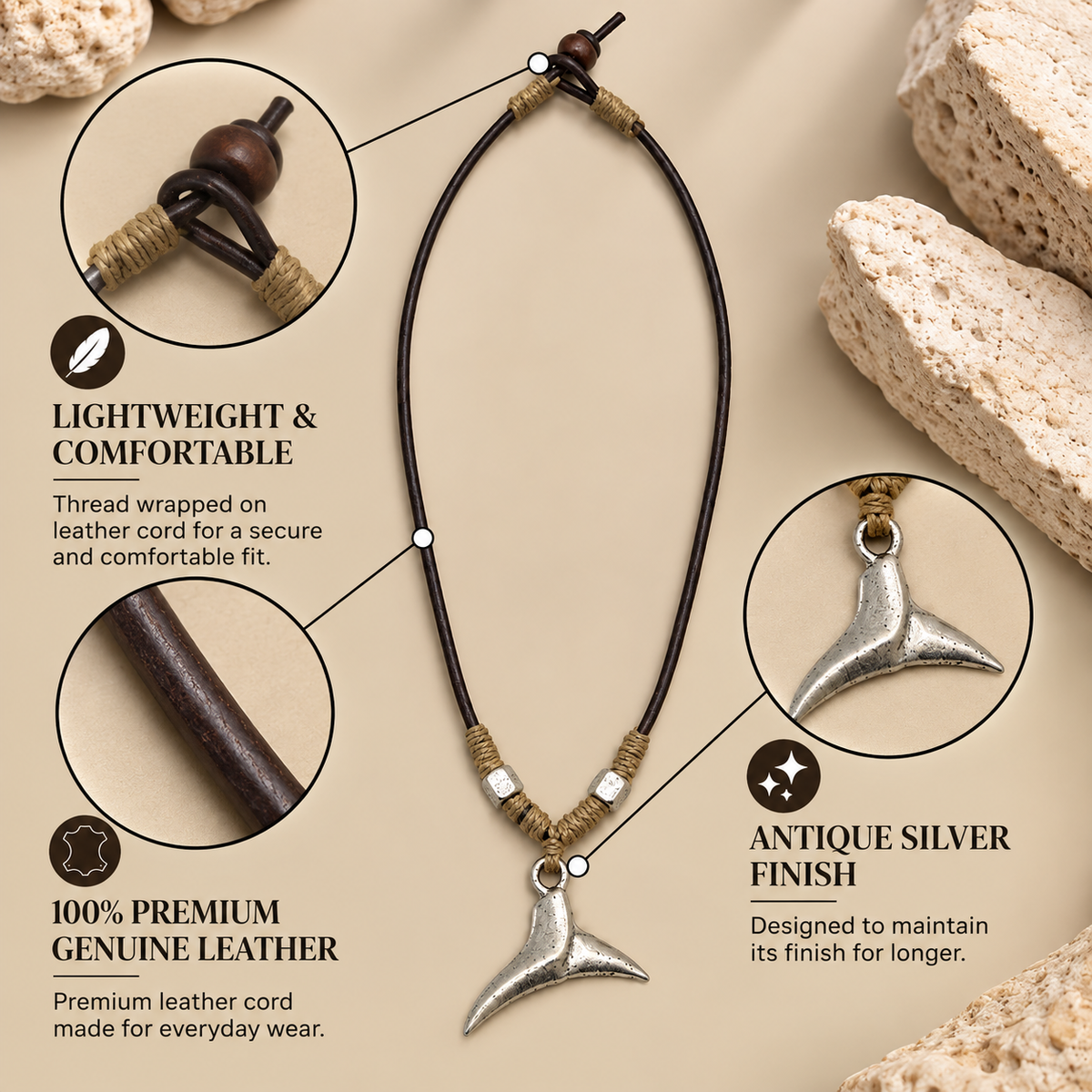 Whale Tail Pendant Leather Necklace for Men