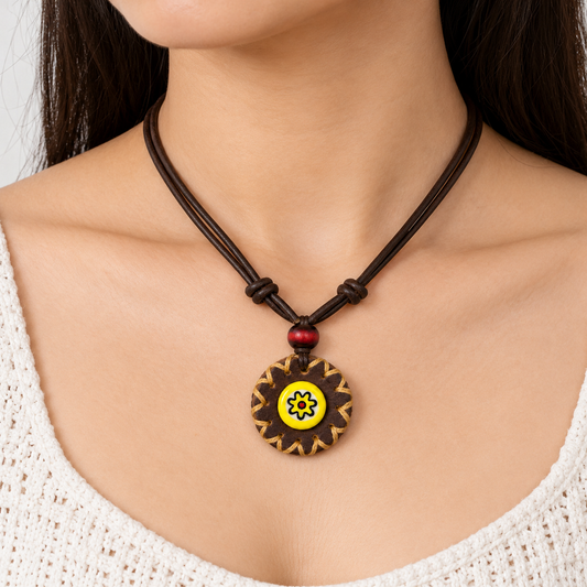 Yellow Floral Leather Pendant Necklace for Women
