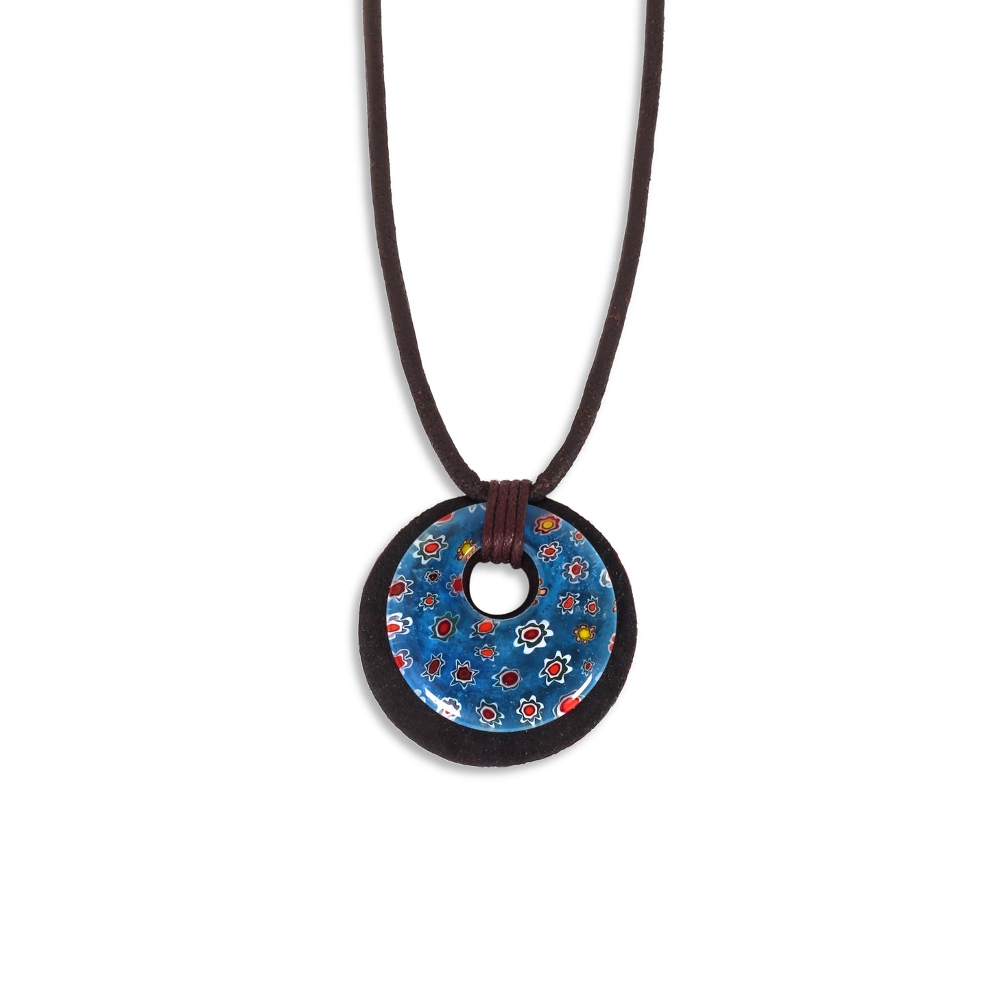 Leather Choker Necklace with Round Floral Pendant