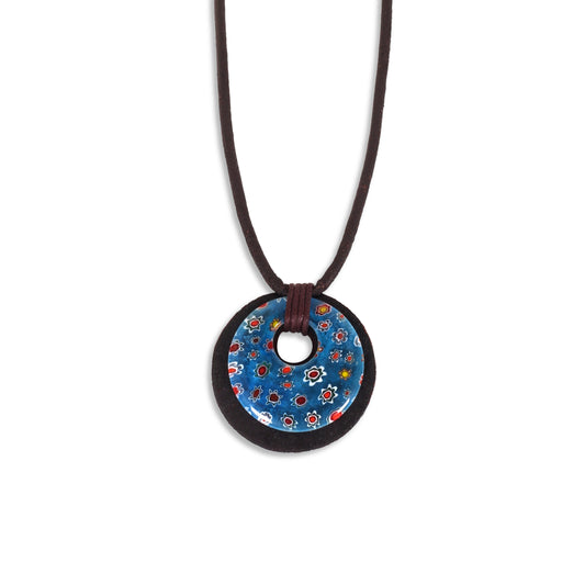 Leather Choker Necklace with Round Floral Pendant