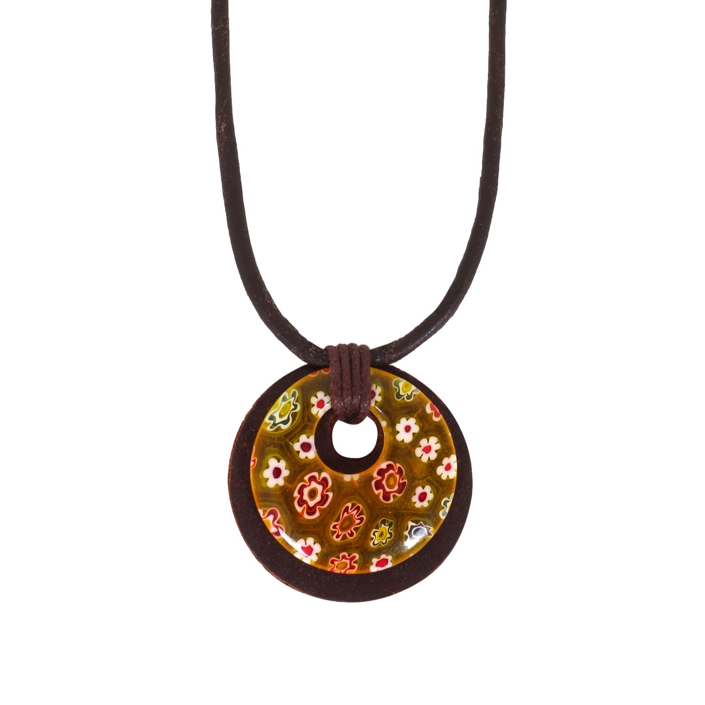 Leather Choker Necklace with Round Floral Pendant