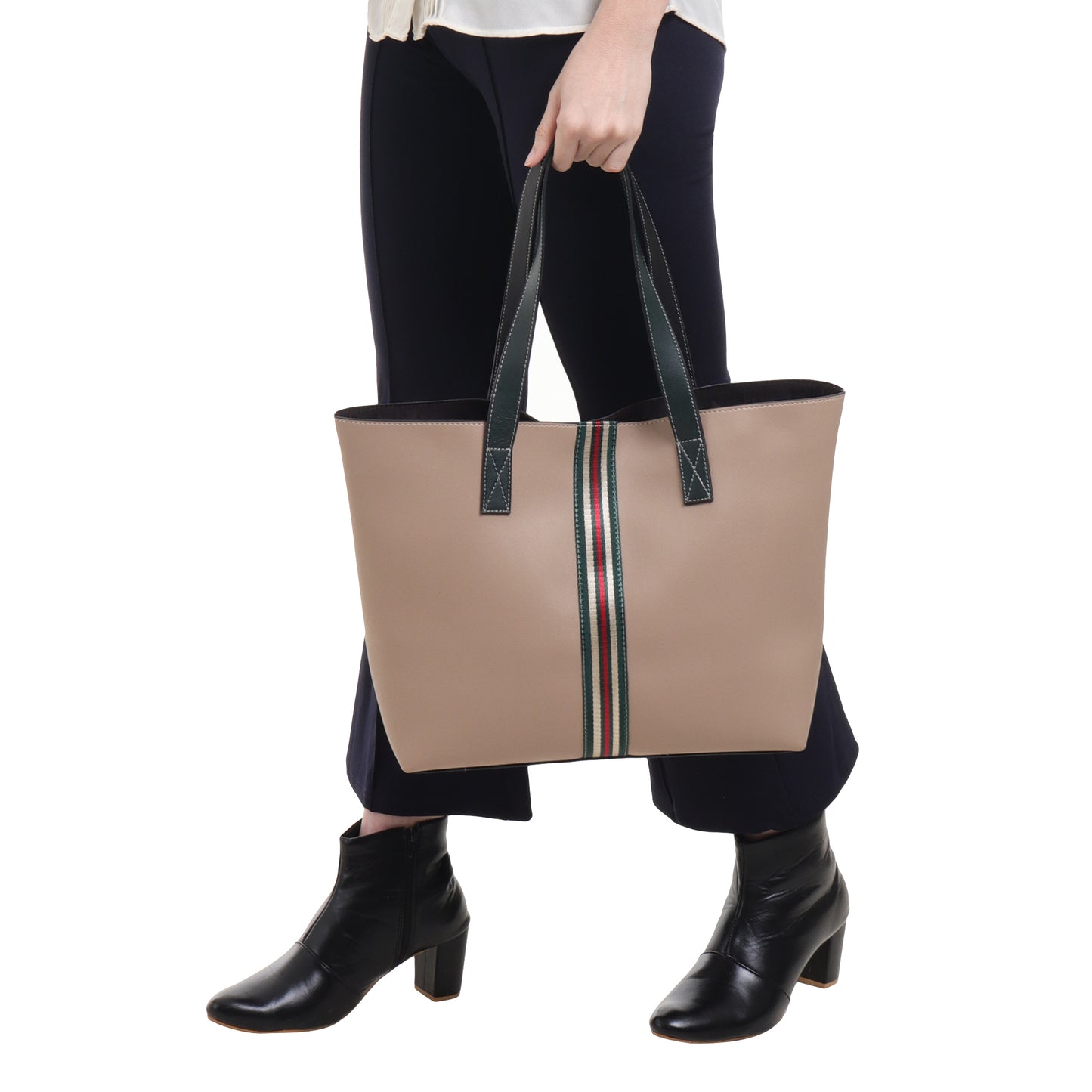 Stripe Accent Faux Leather Tote Bag