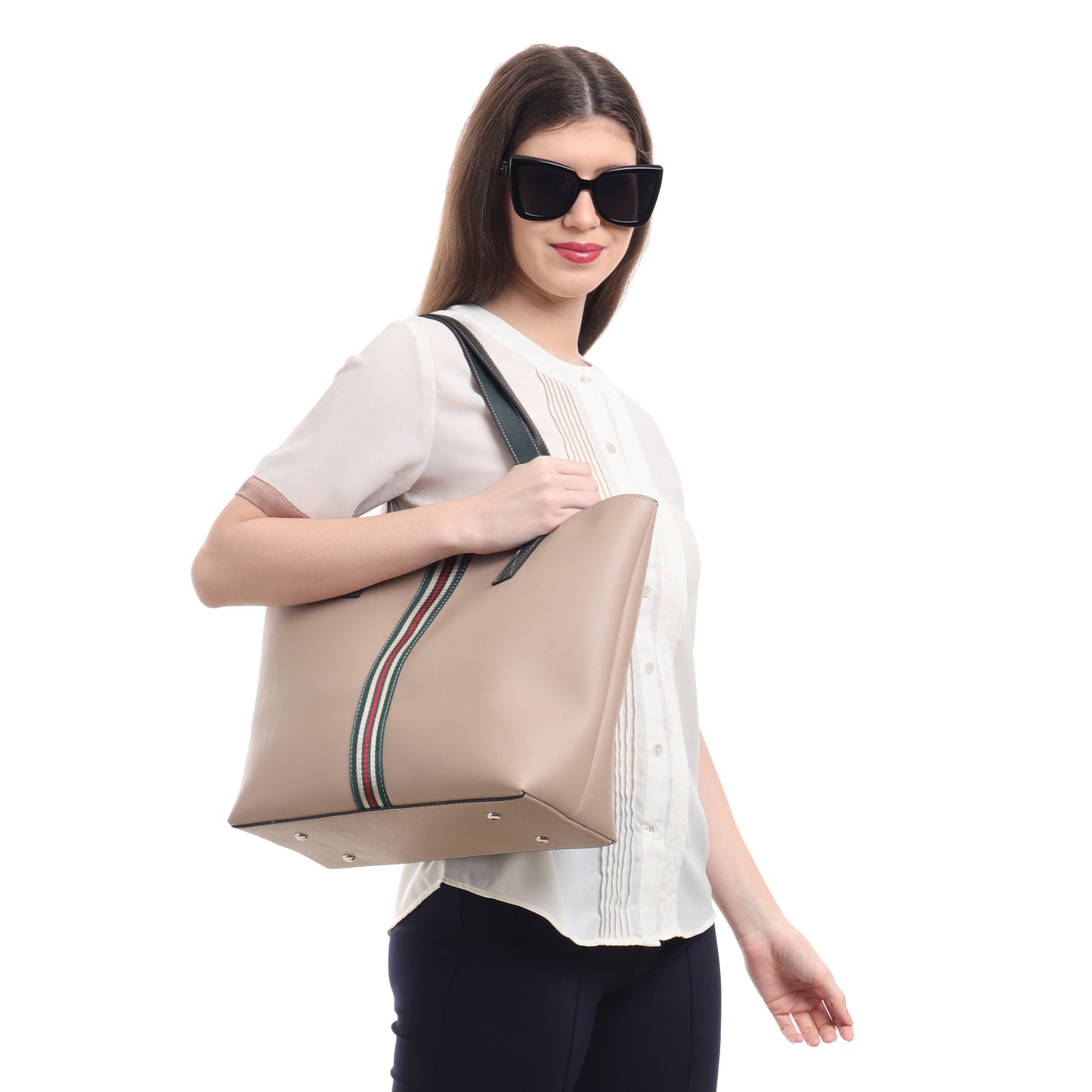 Stripe Accent Faux Leather Tote Bag