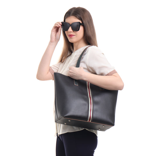 Stripe Accent Faux Leather Tote Bag