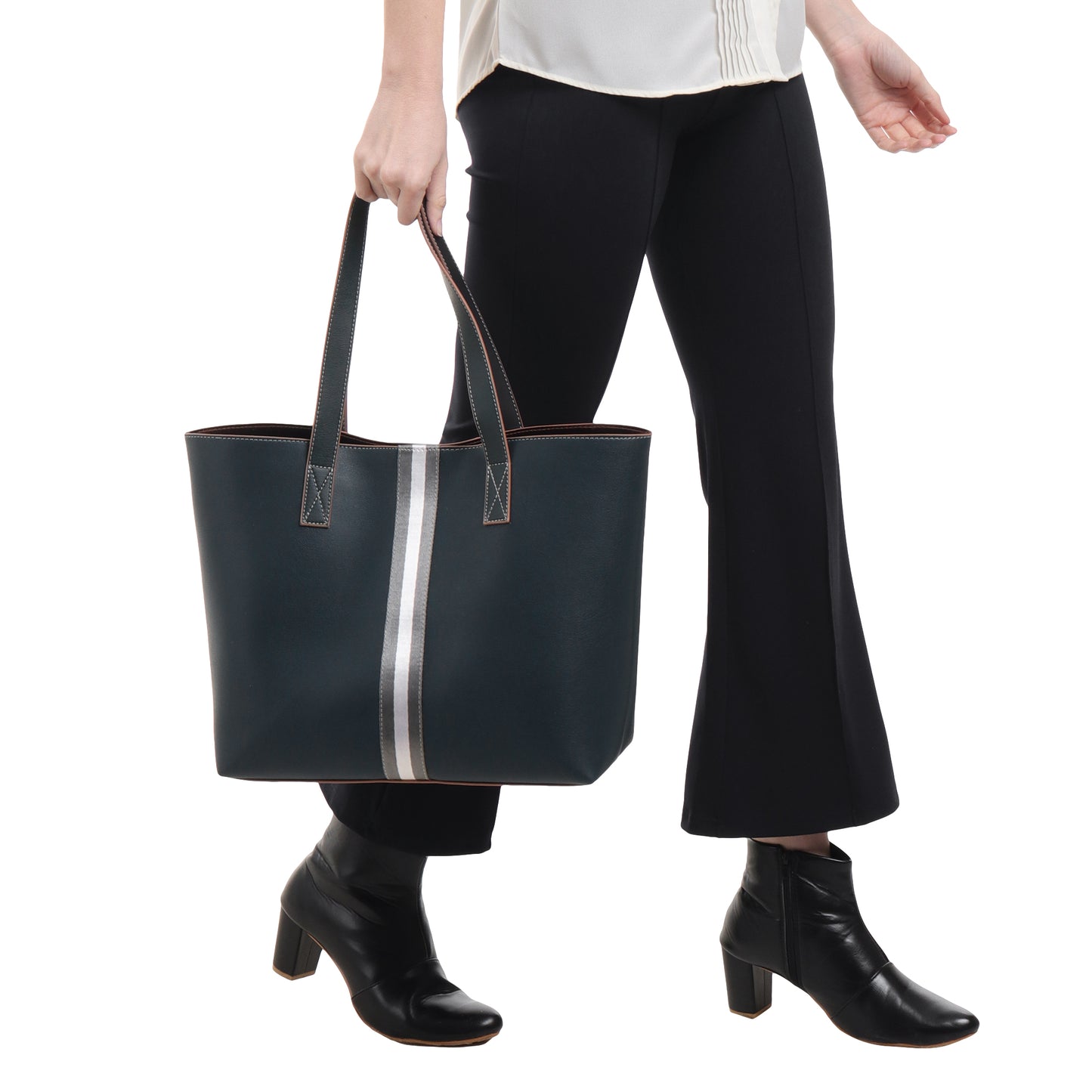 Stripe Accent Faux Leather Tote Bag