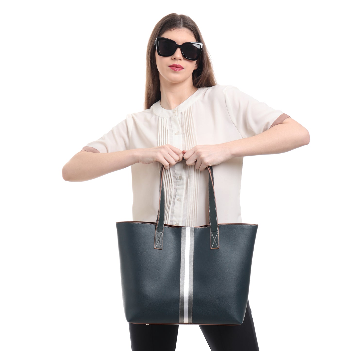 Stripe Accent Faux Leather Tote Bag
