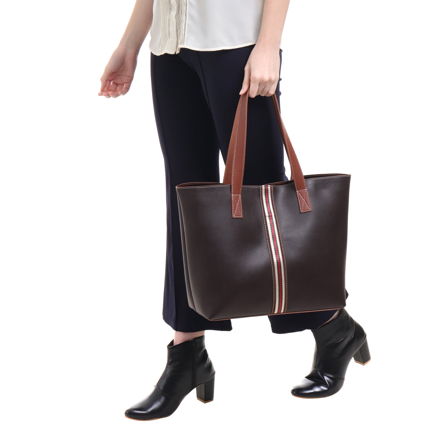 Stripe Accent Faux Leather Tote Bag