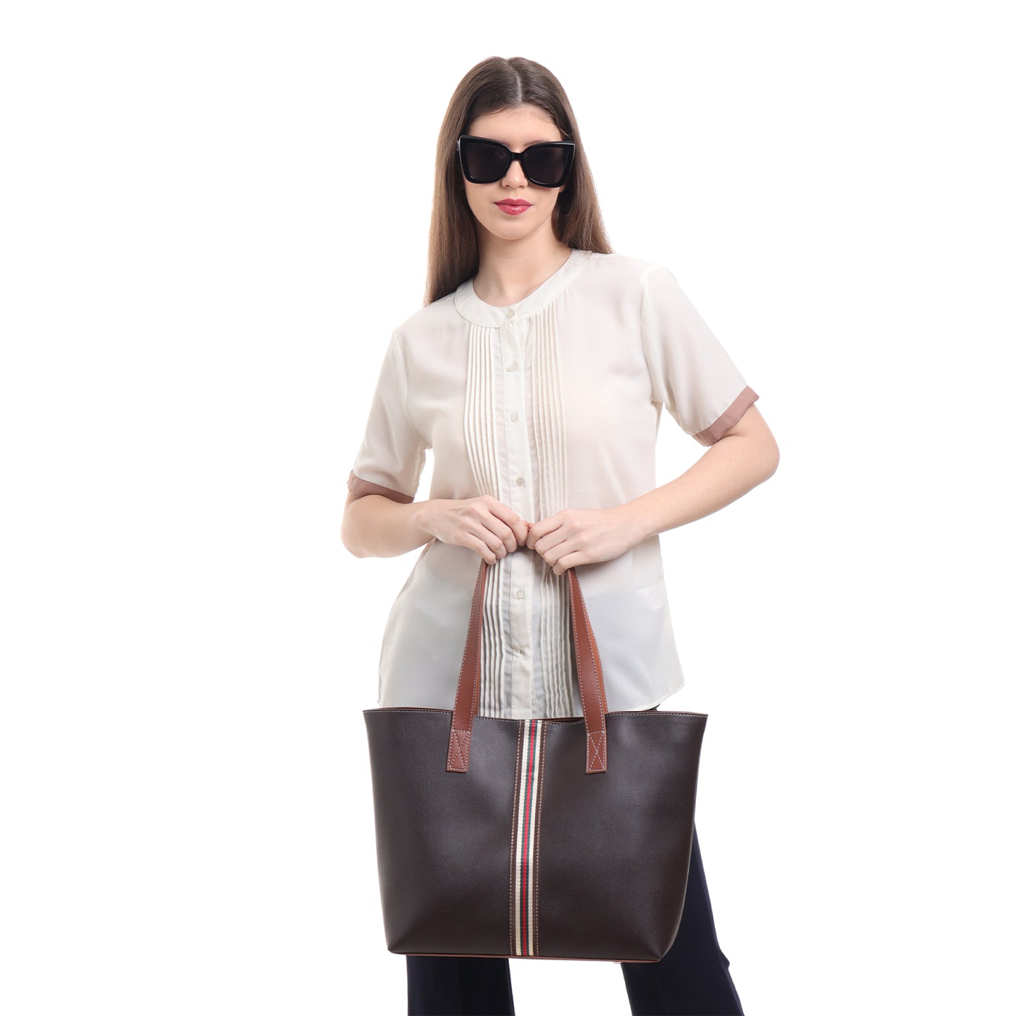 Stripe Accent Faux Leather Tote Bag