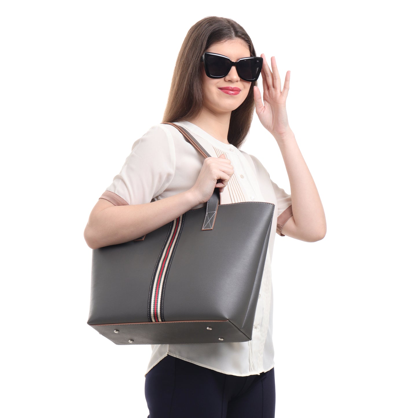 Stripe Accent Faux Leather Tote Bag