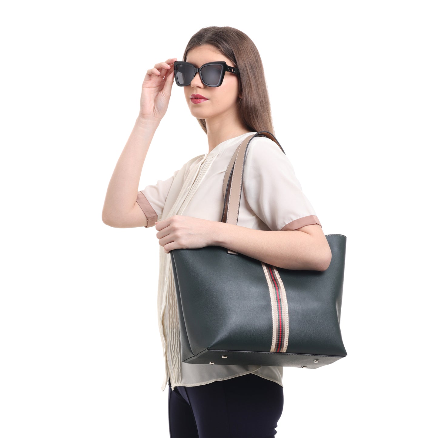 Stripe Accent Faux Leather Tote Bag