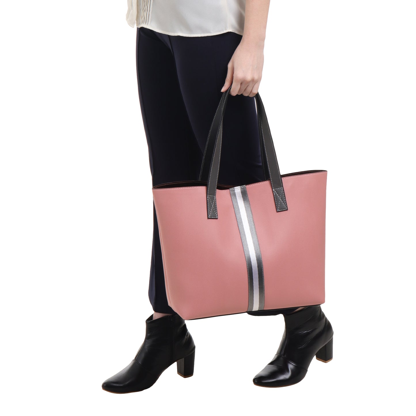 Stripe Accent Faux Leather Tote Bag
