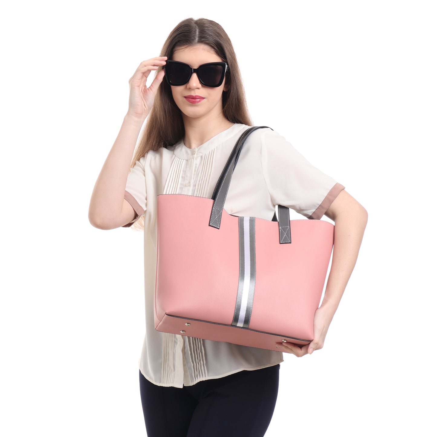 Stripe Accent Faux Leather Tote Bag