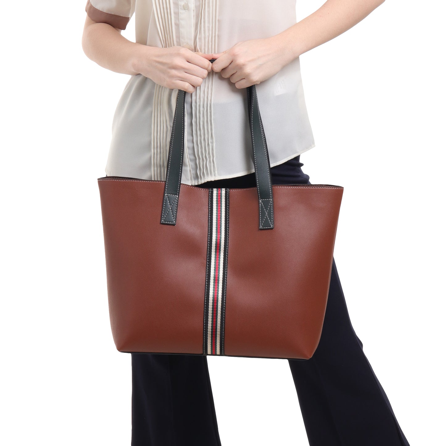 Stripe Accent Faux Leather Tote Bag